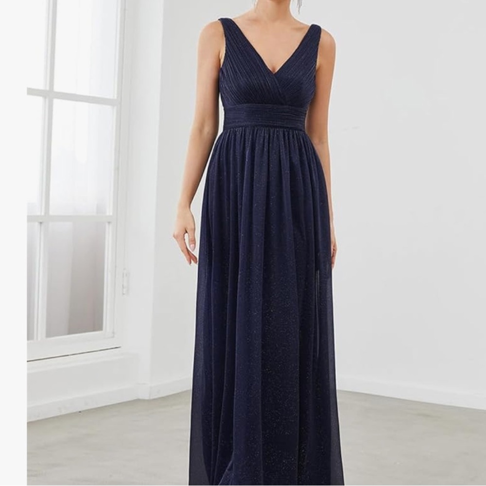 Alexa B Nites Metallic Blue V Neck Maxi Dress Size 6